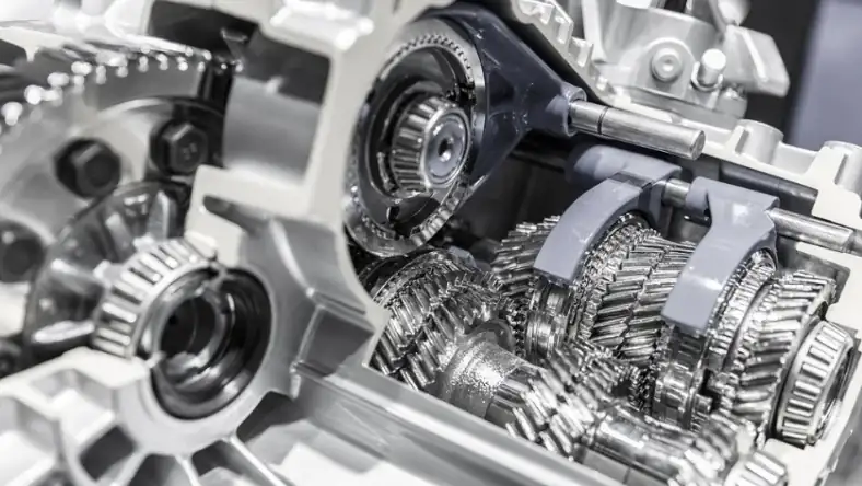 Cross-section of a precision automotive gearbox showing interlocking metal gear trains and bearing assemblies